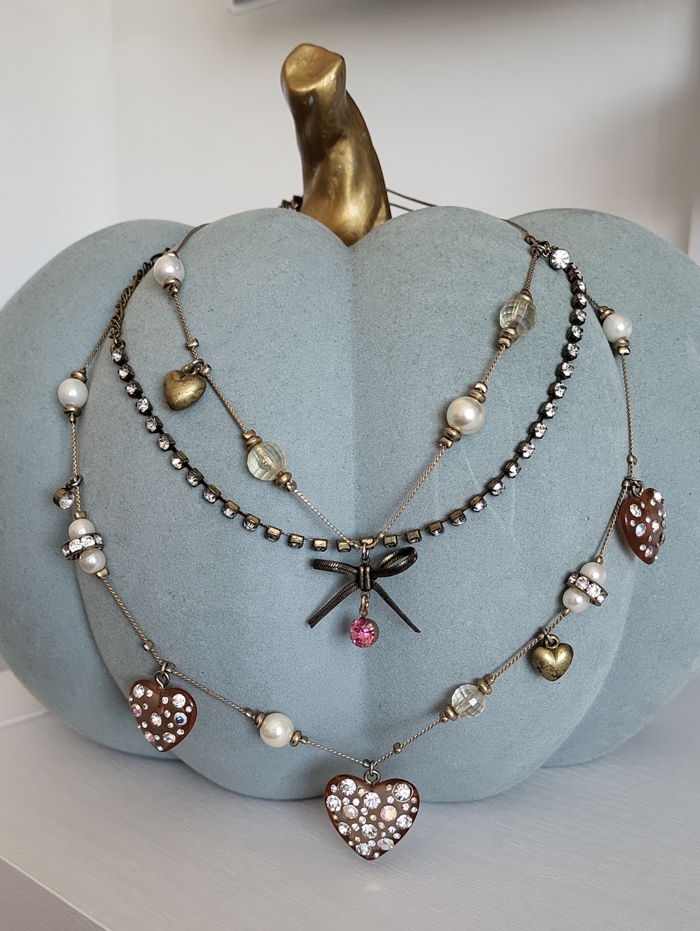 BETSEY JOHNSON Layered Heart & Pearl Pendant Necklace in Gold-Tone w Pink Accent